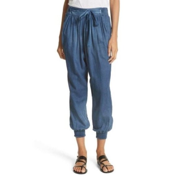 La Vie Rebecca Taylor Tissue Denim Chambray High Rise Tapered Smocked Hem Pant L - Picture 4 of 13